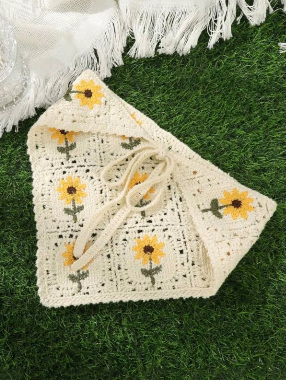 Crochet Cream Yellow Sunflower Bandana Hair Scarf Boho Summer Cottagecore
